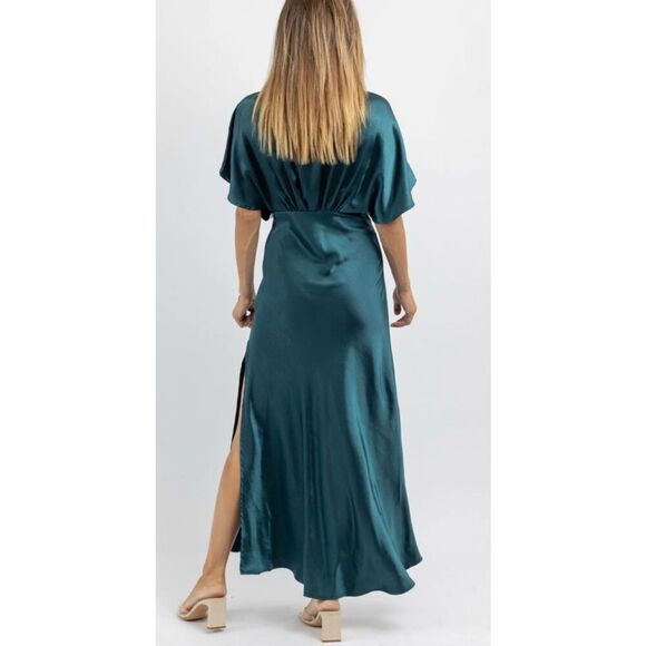 Dress Forum Womens Bat Wing Sleeve Satin Maxi Dress Deep Jasper Size Small NWT - Picture 7 of 13